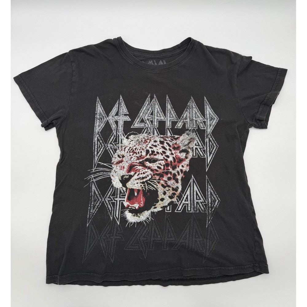 Def Leppard Band Tee Black Cotton Leopard Print Rock T-Shirt Women's Medium
